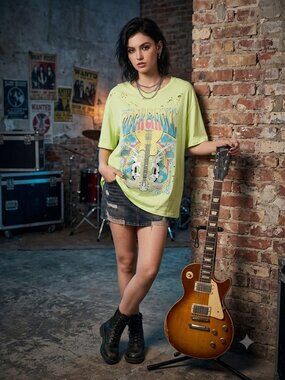 Zutter Distressed Neon Lime Green Rock & Roll Graphic T-Shirt Size XL